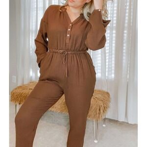 Promesa Jumpsuit Womens Medium Brown Gauzy Button Front Elastic Waist Long Sleev